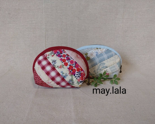 花のキルトポーチ 中 〈水色・赤〉 ポーチ may.lala 通販