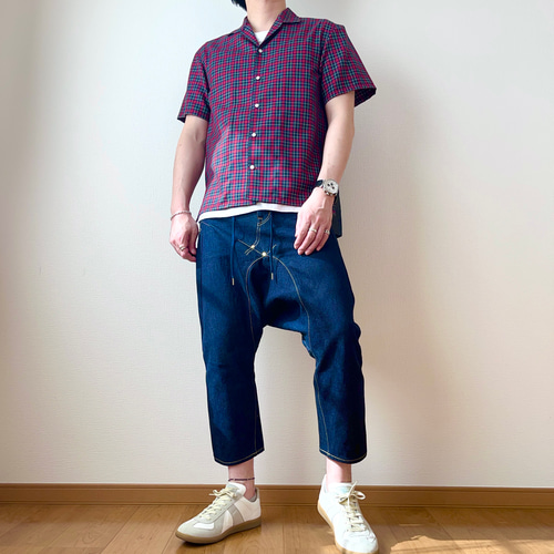 赤チェック×デニムの開襟シャツ シャツ kazuya__sasaki 通販