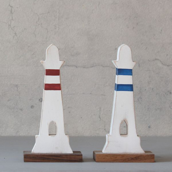 灯台 オブジェ ２色 木製 マリン インテリア 海 夏 サマー 手描き 雑貨 サーフ 西海岸 ペイント 3枚目の画像