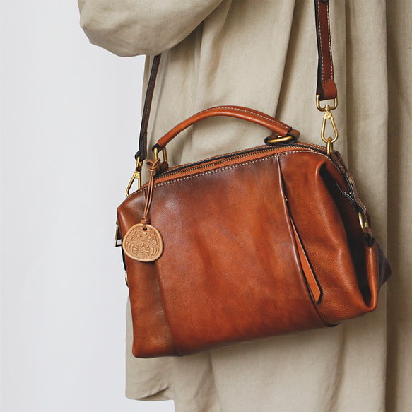 手染め牛革ボストンバッグ斜め掛けショルダーバッグ2Way 茶色 2way