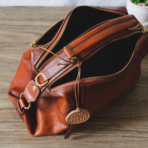 手染め牛革ボストンバッグ斜め掛けショルダーバッグ2Way 茶色 2way