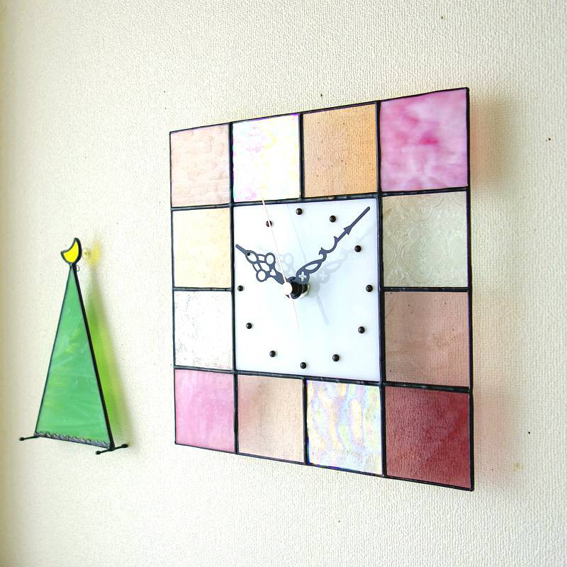 [春霞]ステンドグラスの掛け時計/置き時計/モザイクK・24㎝