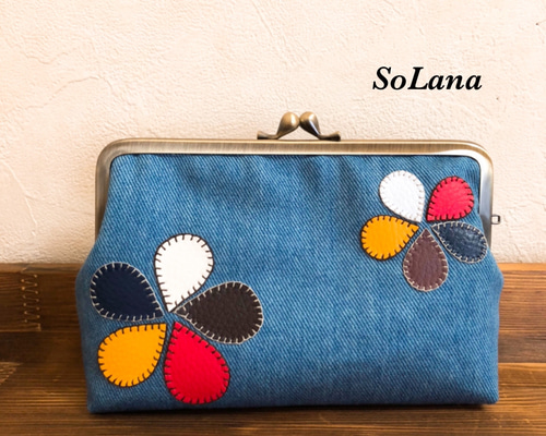 デニムパッチ☆L字型がま口☆通帳ケース☆№19 デニムパッチ☆L字型