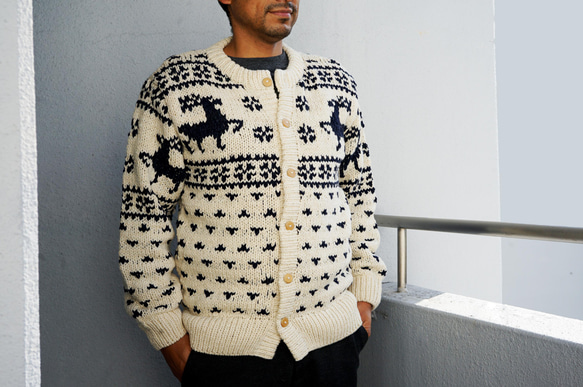 極美品　ビームスボーイ ニットカーディガン ネパール製　バラ編み込み　ウール 極美品ビームスボーイ ニットカーディガン ネパール製バラ編み込みウール