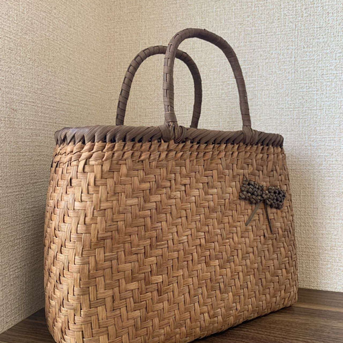 山葡萄かごバッグ 手作りかごバッグ 網代編み Lサイズ 内布付き