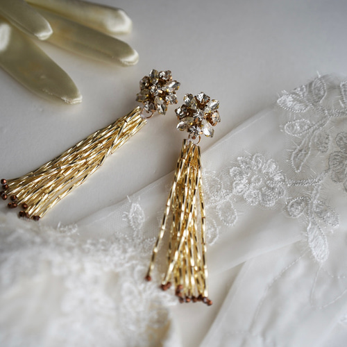 人気商品は ビジューフラワービーズタッセル 002 結婚式 アクセサリー 花嫁 イヤリング・ノンホールピアス