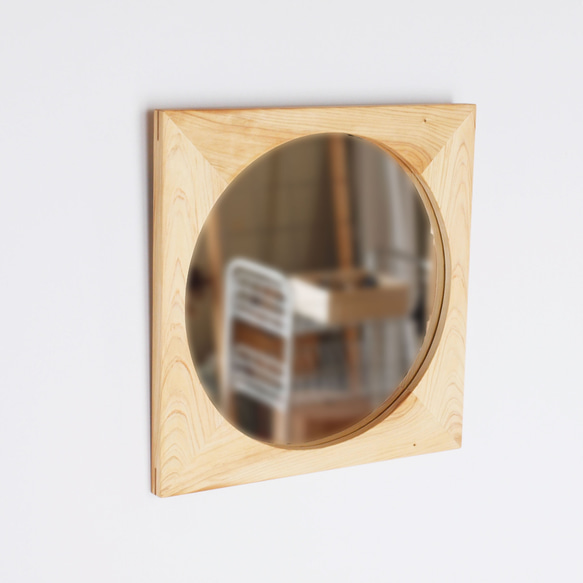 木製 鏡「四角に丸」ヒノキ材10　ミラー 1枚目の画像