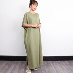 棉亞麻布杜爾曼式連衣裙橄欖 第5張的照片