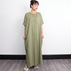 棉亞麻布杜爾曼式連衣裙橄欖 第4張的照片