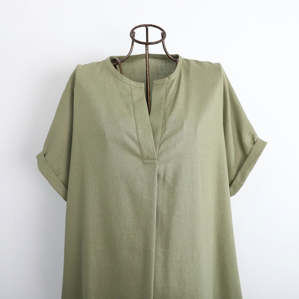 棉亞麻布杜爾曼式連衣裙橄欖 第13張的照片