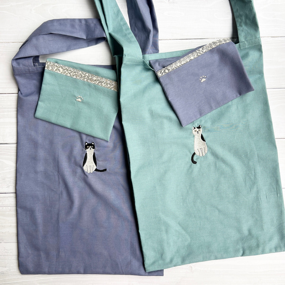 ねこの刺繍エコバック ハチワレ『クリーマ限定 』リバティふちどりポケット付き 12枚目の画像