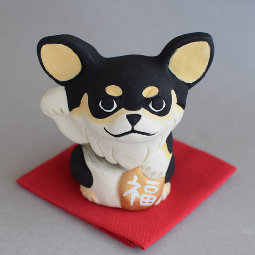 招き犬(チワワ・ブラックタン・ロングコート)【受注制作】ご注文前には