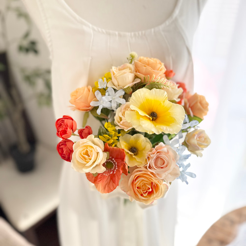 黄色×オレンジ×水色クラッチブーケ☆ブートニア ブーケ ほうき星