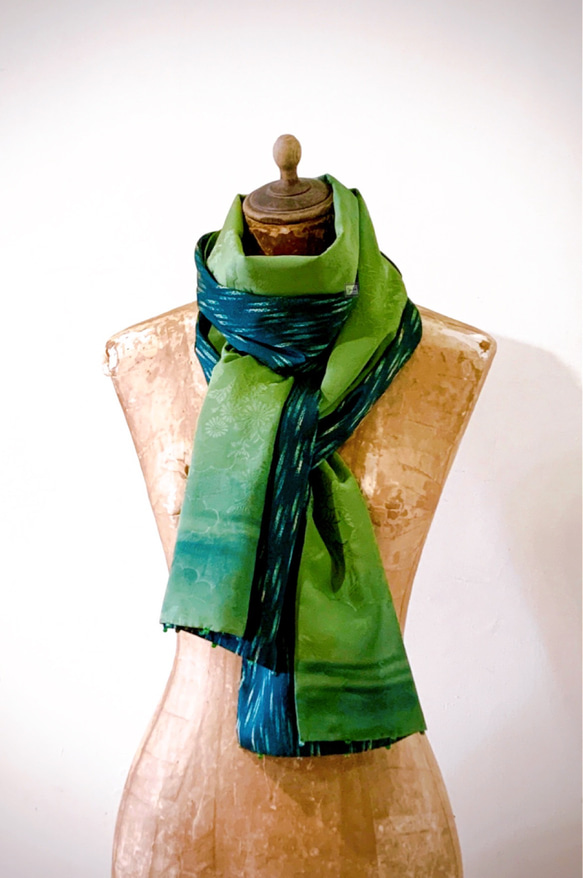 スカーフNO.259 *西芳*設計師純手作日本古董撞色綠色絲質古典紋樣織花圍巾 披肩 第10張的照片