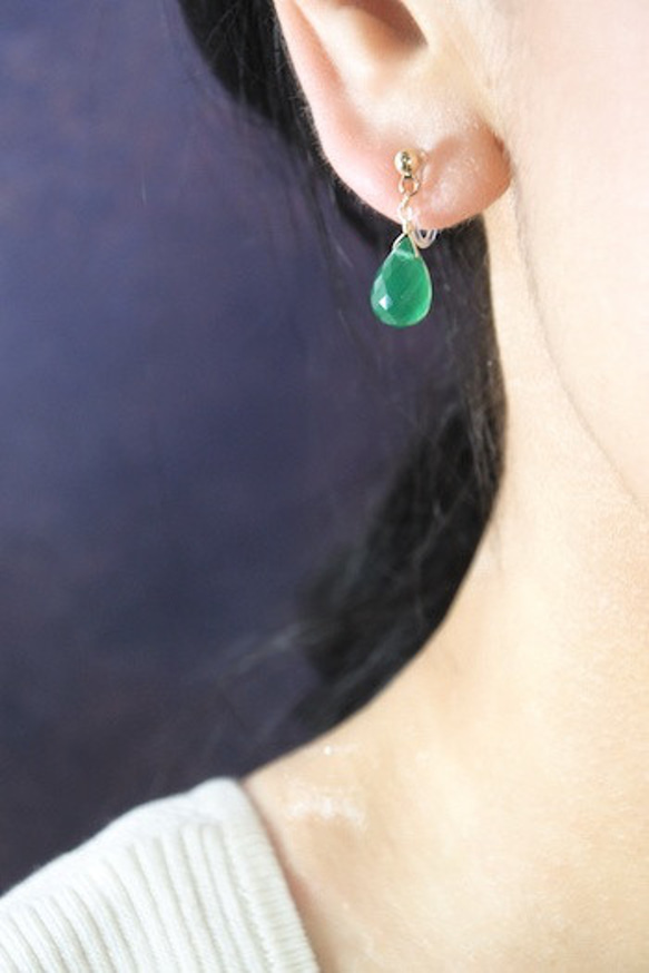 14kgf青縞瑪瑙（綠玉髓）單隻耳環【耳環可換】 第8張的照片