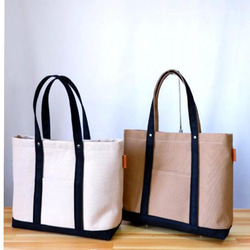 いつものきれいめトート/A4 ◇ 倉敷帆布◇ ライトベージュ×ブラック/ミディアムベージュ×ブラック 2枚目の画像