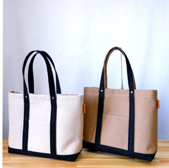 いつものきれいめトート/A4 ◇ 倉敷帆布◇ ライトベージュ×ブラック/ミディアムベージュ×ブラック 2枚目の画像