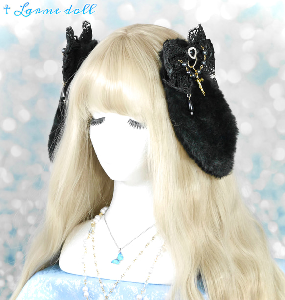 受注生産】《☥》たれうさ耳ロリィタリボンヘアクリップ (黒) ヘア  