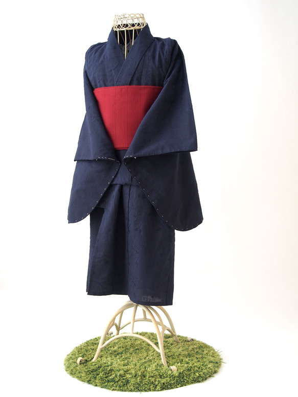 こども浴衣S／魔女の宅急便カラー／紺ネイビー刺繍／木綿(コットン)／子供着物／一つ身／園児〜小学生 4枚目の画像