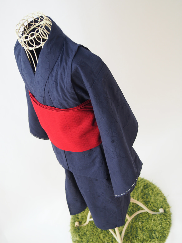 こども浴衣S／魔女の宅急便カラー／紺ネイビー刺繍／木綿(コットン)／子供着物／一つ身／園児〜小学生 2枚目の画像