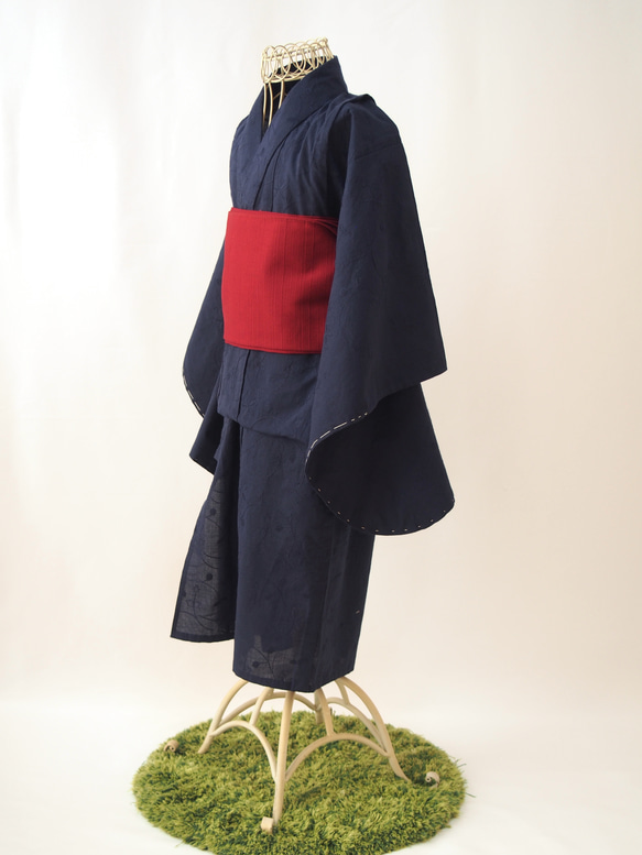 こども浴衣S／魔女の宅急便カラー／紺ネイビー刺繍／木綿(コットン)／子供着物／一つ身／園児〜小学生 9枚目の画像