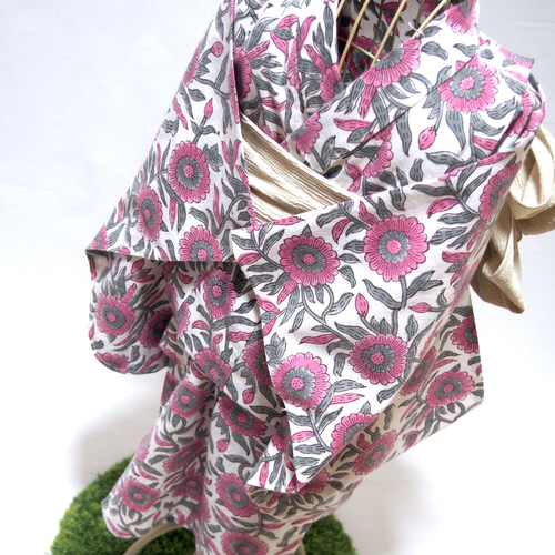 インド綿ブロックプリント花柄ピンク／木綿(コットン)【キッズ浴衣  