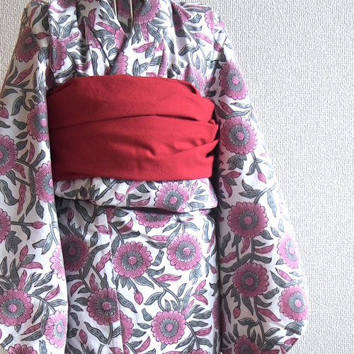 こども浴衣S ／インド綿ブロックプリント花柄ピンク／木綿(コットン