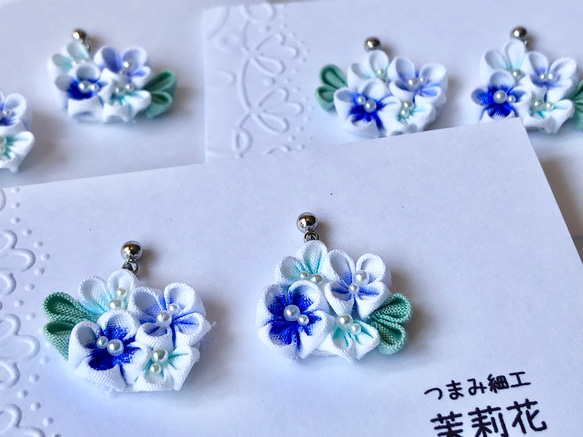 【つまみ細工】紫陽花ピアス＆イヤリング　ブルー 3枚目の画像