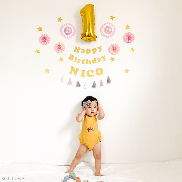 【生日】9種顏色可選！紙扇生日套裝（圓形字母）生日牆裝飾 1 歲生日寶寶 第1張的照片