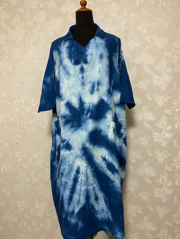 8778* 藍染＆ハンドメイド 切り替えワンピース 濃い雪花絞り×濃い無地 東袋 8778* 藍染＆ハンドメイド 切り替えワンピース 濃い雪花絞り