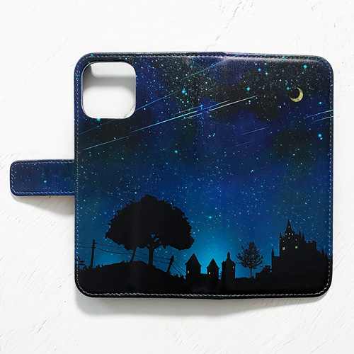 【ご参考:4枚掲載中】掲載生地で作製可能です。スマホケース 星降る真夜中の町 手帳型 iPhoneケース スマホケース 全機種対応