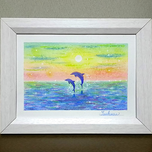 海とイルカのパステルアート 朝靄に輝くイルカの親子 | iichi