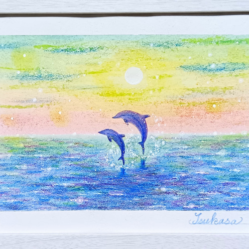 海とイルカのパステルアート 夜明け前に パステル画原画 絵画 T's Arts