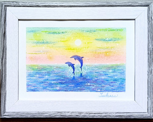 海とイルカのパステルアート 夜明け前に パステル画原画 絵画 T's Arts