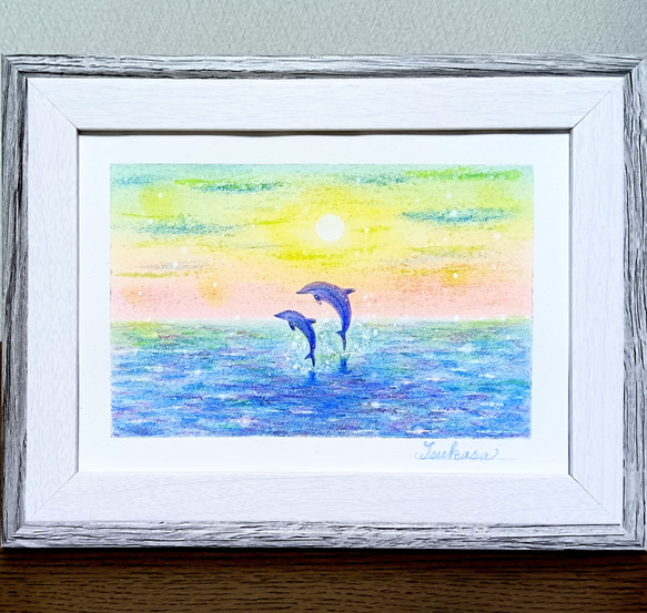海とイルカのパステルアート 夜明け前に パステル画原画 絵画 T's Arts