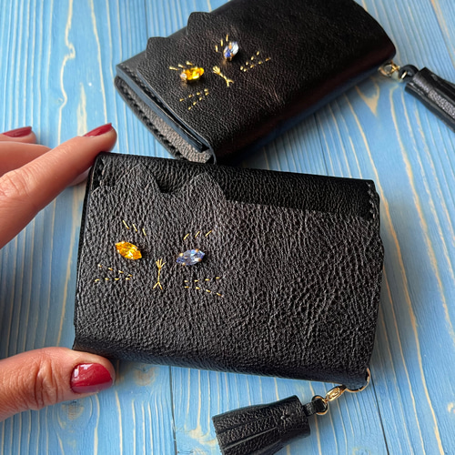 受注制作】ねこのお顔 名刺入れ（カードケース）黒猫jewelryver. 牛革