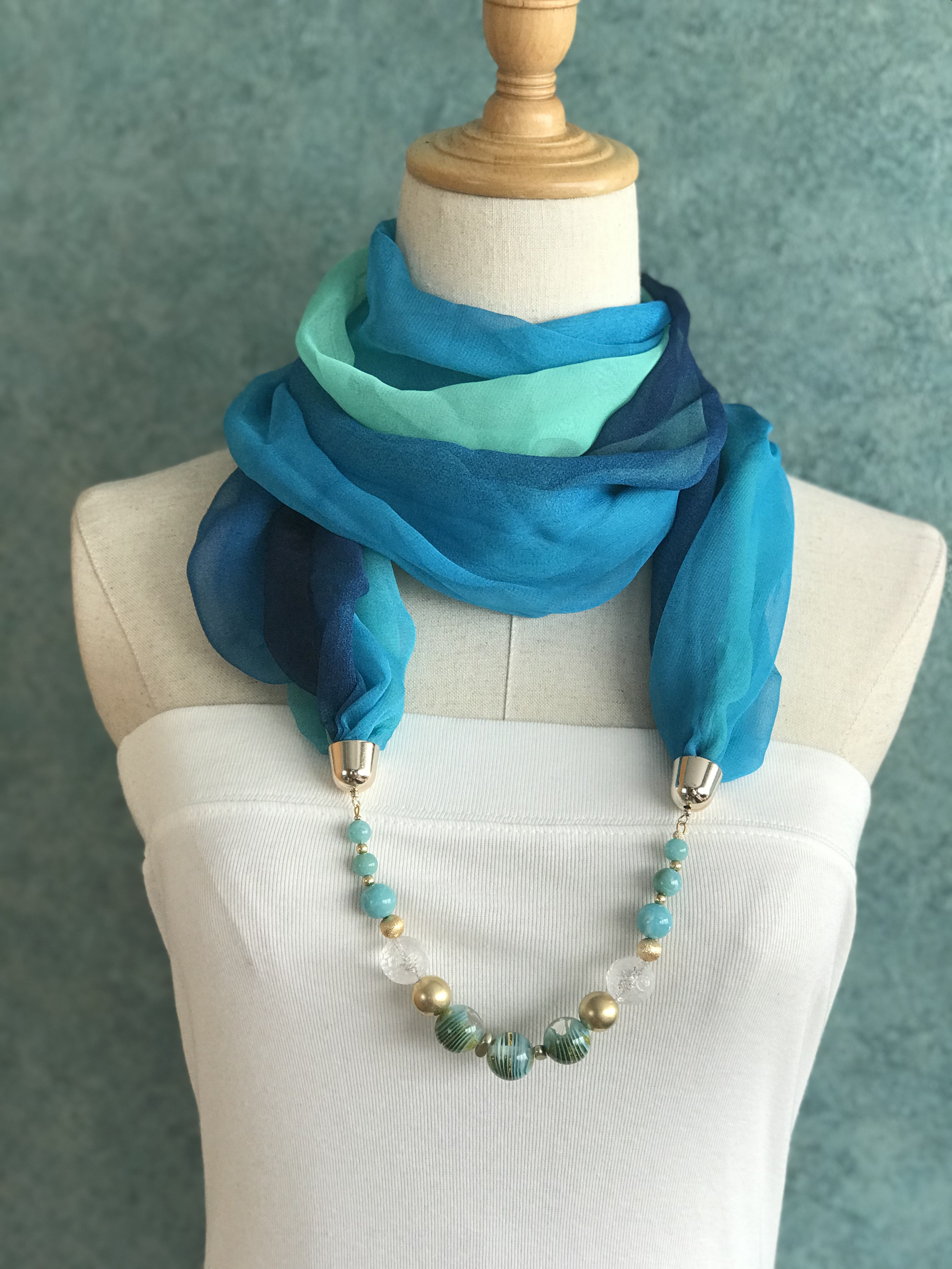 グラデーション  シフォンスカーフ　アクセサリー　グリーンネイビー