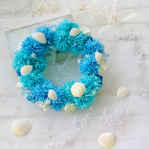 Christmasシーズン/生花ブルーバードとポポラスリース/30cm程/壁掛け Christmasシーズン/生花ブルーバードとポポラスリース/30cm程/壁掛け