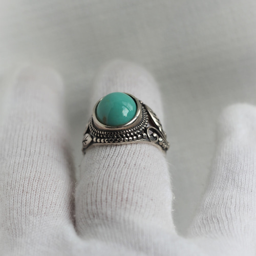 再販 キングマンターコイズ12 S925アンティークデザインリング