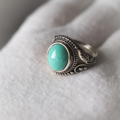 再販 キングマンターコイズ12 S925アンティークデザインリング