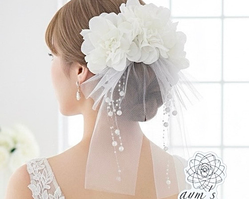 純白の花嫁 ウェディング ブライダル ホワイト チュールリボン パール