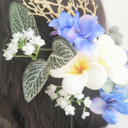 Weddingプルメリアの髪飾り　　プルメリア　アジサイ　カスミソウ 珊瑚 10枚目の画像