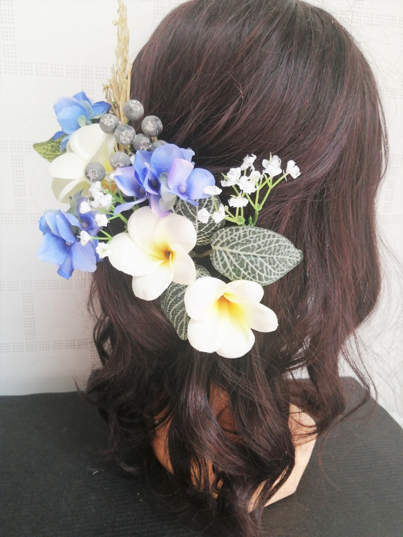 Weddingプルメリアの髪飾り　　プルメリア　アジサイ　カスミソウ 珊瑚 11枚目の画像