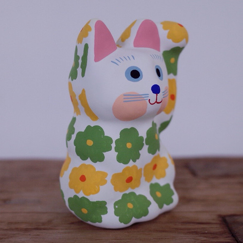 招き猫 レトロ花柄 イエローグリーン 左手招き その他インテリア雑貨