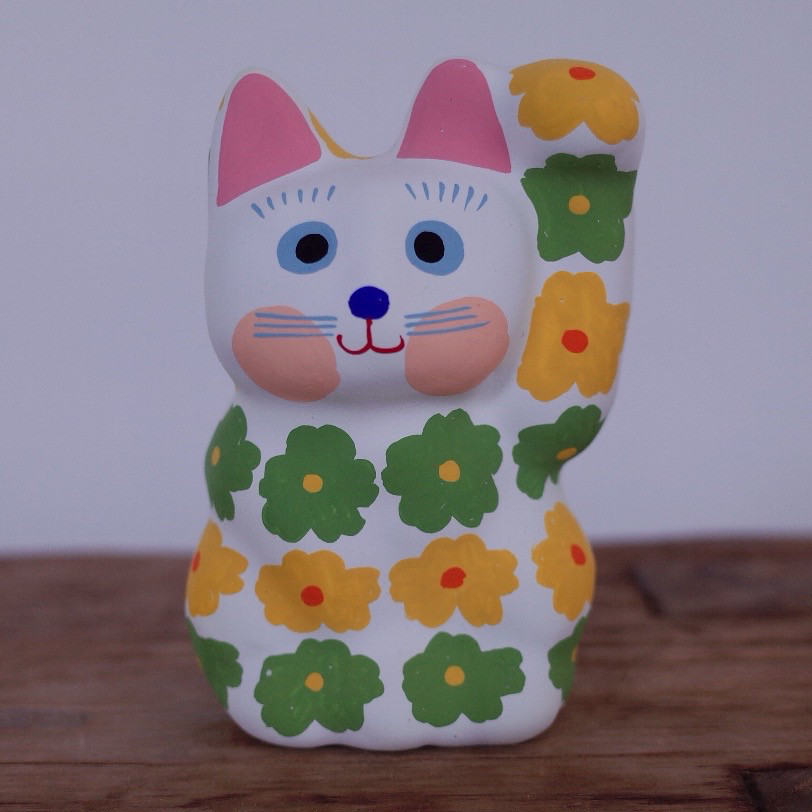 招き猫 レトロ花柄 イエローグリーン 左手招き その他インテリア雑貨