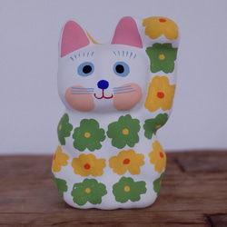 招き猫 レトロ花柄 イエローグリーン 左手招き その他インテリア