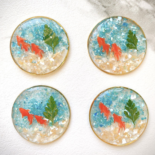 ハンドペイント金魚のアクアリウム シェルのヘアゴム 夏 アクリル