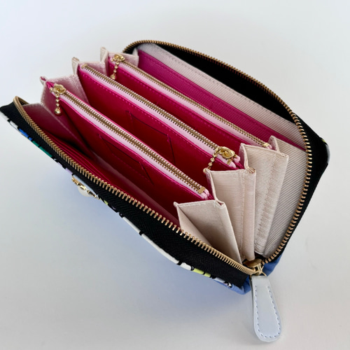 3ファスナーポケット/ 家計やりくり財布/レトロフラワーブルー×スカイ