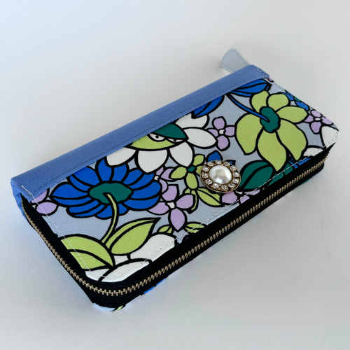 3ファスナーポケット/ 家計やりくり財布/レトロフラワーブルー×スカイ