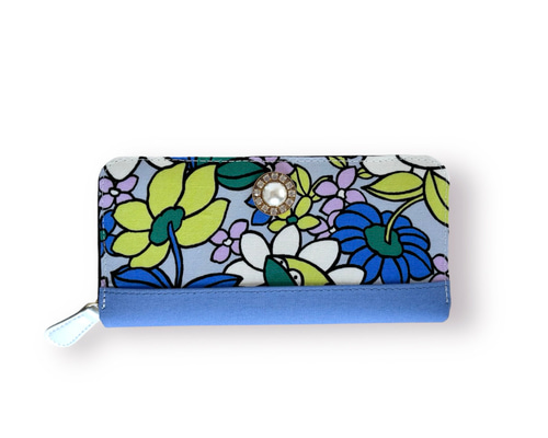 3ファスナーポケット/ 家計やりくり財布/レトロフラワーブルー×スカイ